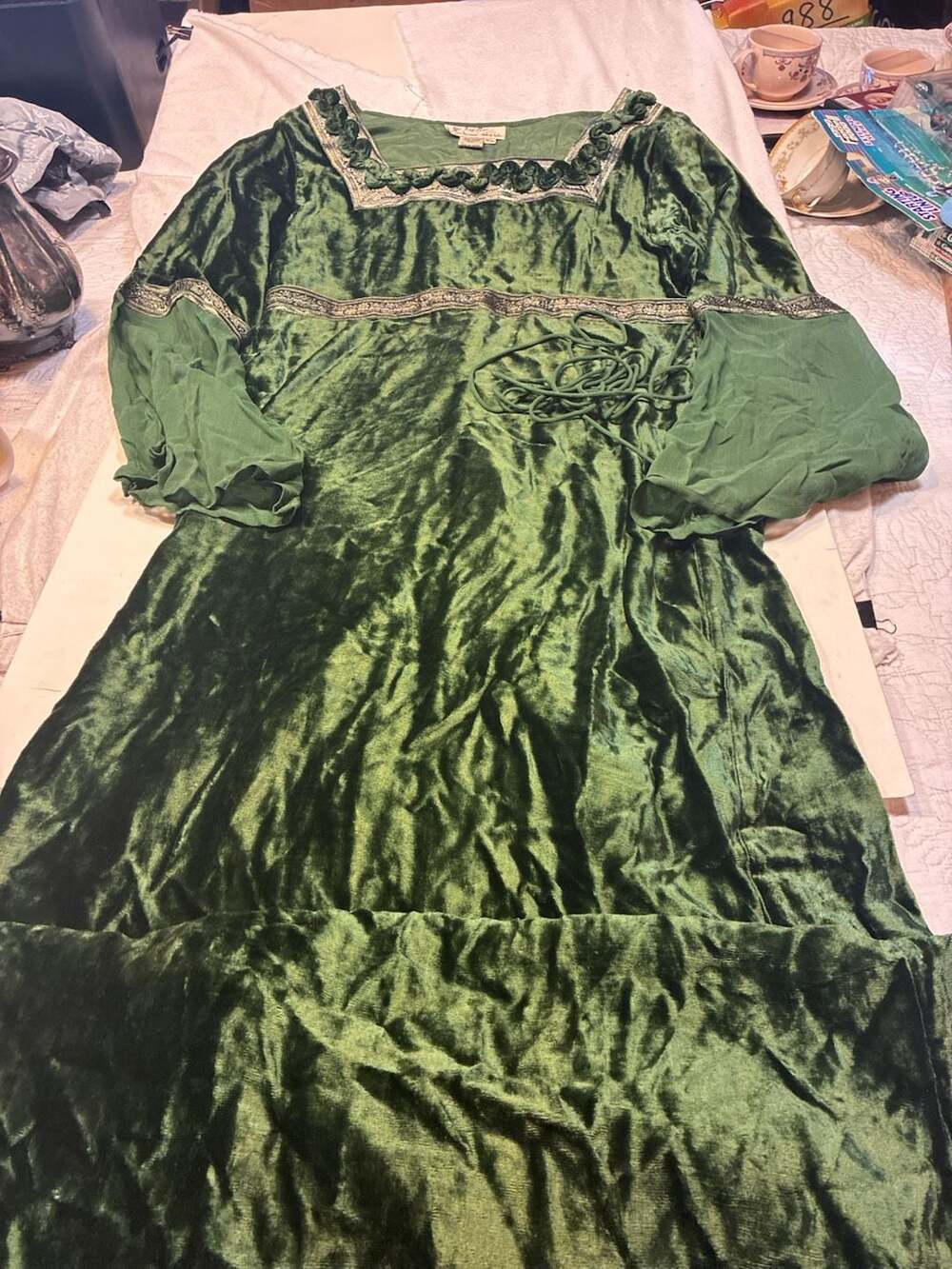 2 Piece Papillon Vintage Green Velvet Medieval Renaissance Maxi Dress M and scar